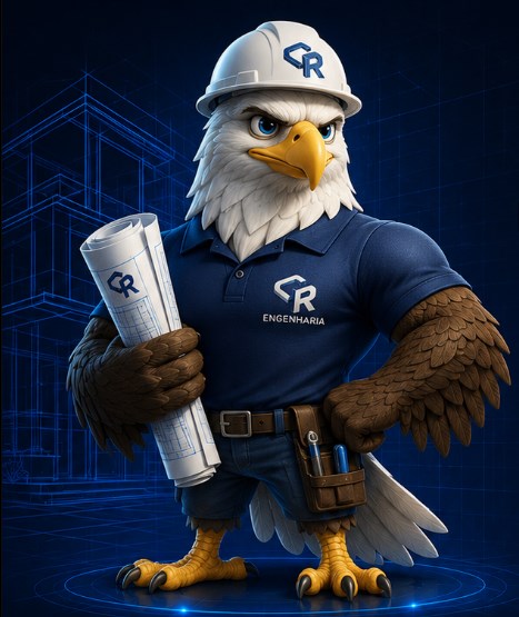 Águia engenheira com capacete e projeto, símbolo da CR Engenharia